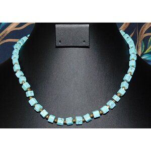 Elegant Faux Turquoise Cube And Gold Tone Beaded Necklace